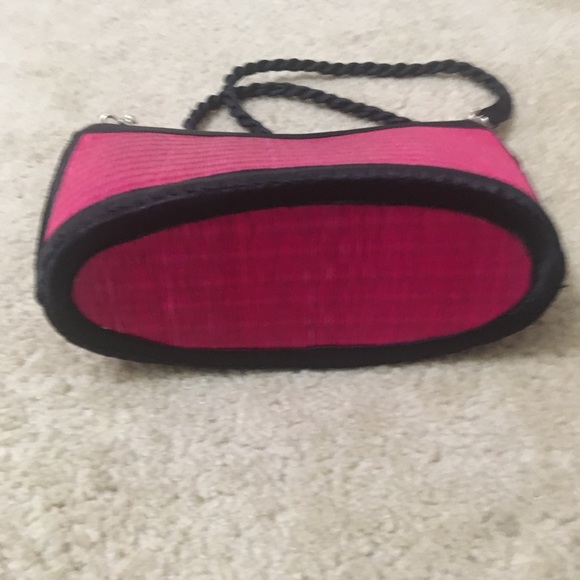 Baskets of Cambodia Woven Bamboo Purse Shoulder Bag Pink Black Detachable Staps - Picture 5 of 10